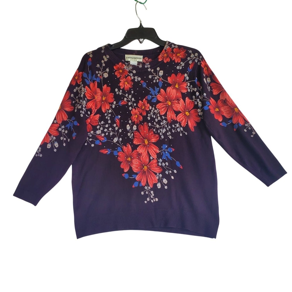 Cathy Daniels Women's M Purple Floral Pullover Sweater‎ Red Blue Flowers Studded